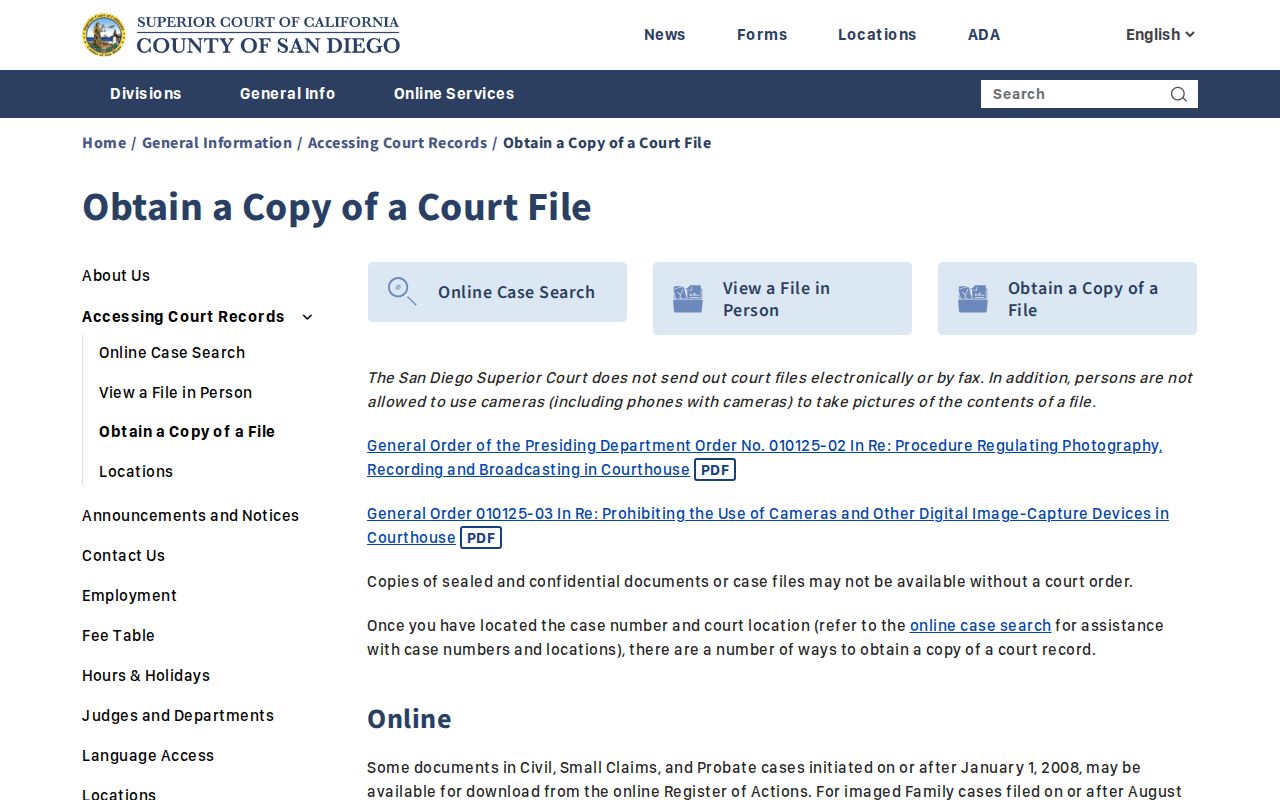 San Diego County 72 hour release court file copy process