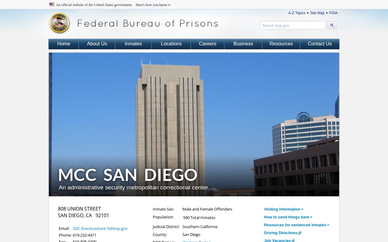 Metropolitan Correctional Center San Diego federal release facility page