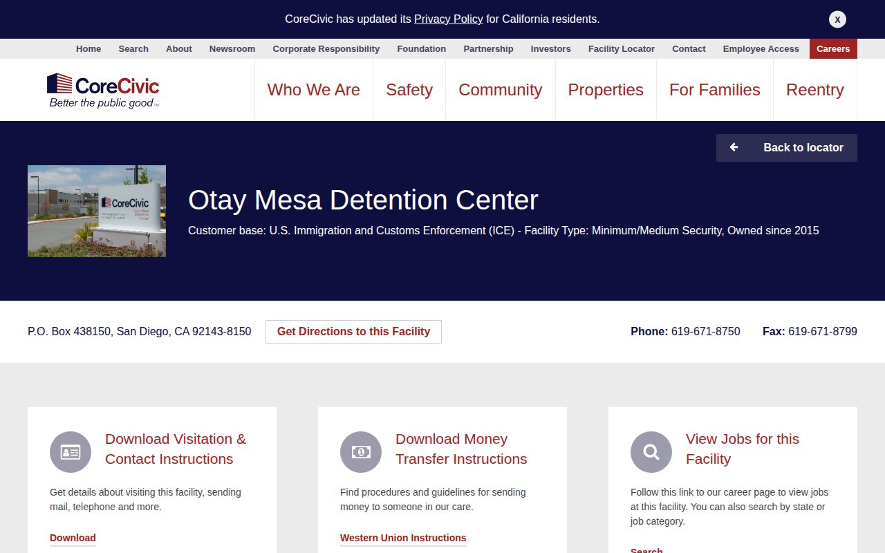 Otay Mesa Detention Center ICE release and facility page