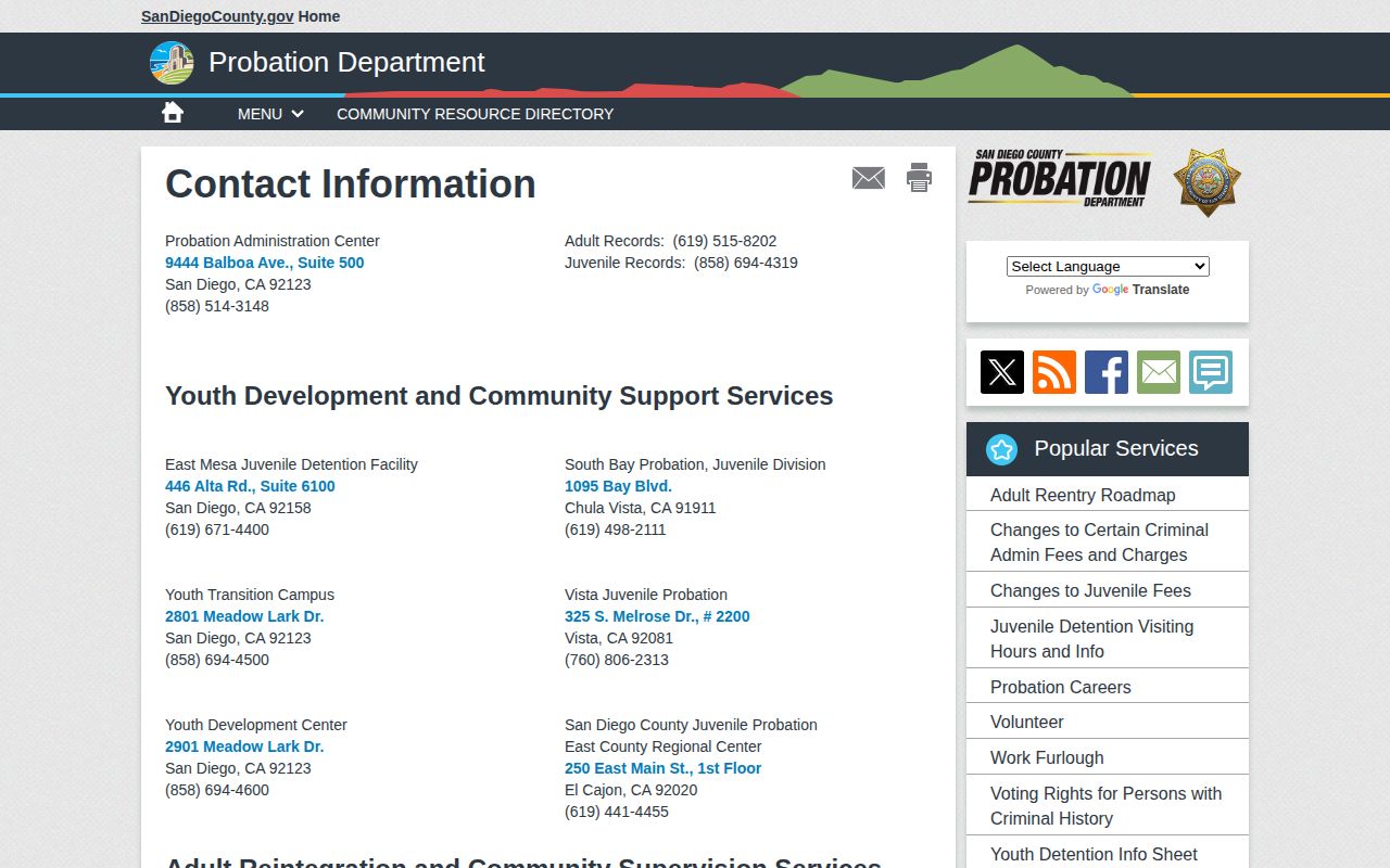 San Diego County parole and probation contact page for released inmate supervision